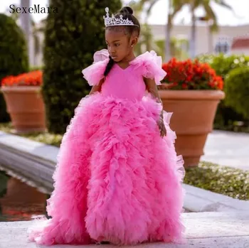Prenses Kabarık Uzun Çiçek Kız Elbise Ruffles Pileli V Yaka Tam Tül Parti Elbiseler Kızlar Doğum Günü Törenlerinde