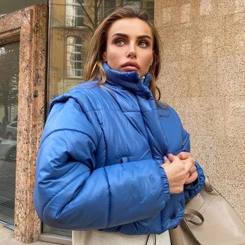 Rahat İki aşınma Uzun Kollu Yelek Kış Ceket Kadın Streetwear Çıkarılabilir Kollu Dış Giyim Sıcak Parkas balon ceket Kabarcık Ceket