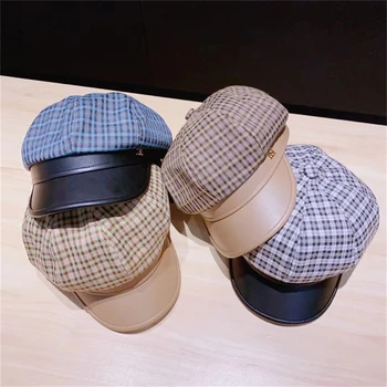 Retro balıksırtı sekizgen şapka bayanlar sonbahar ve kış deri dikiş Kore baskı gelgit kravat bere newsboy şapka WS-2821