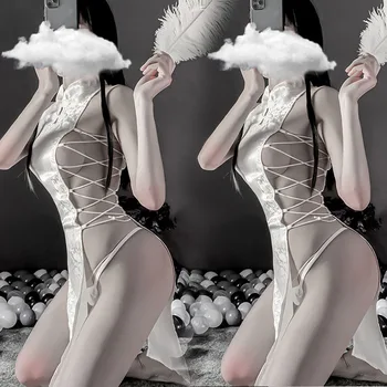 Seksi Elbise Çin Cheongsam Kadın Qipao Bandaj Siyah Beyaz Gecelik Çiçek Baskı Hollow Out Uyku Pijama Cosplay Kostümleri