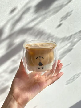 Sevimli Karikatür Ayı Çift katmanlı Isıya dayanıklı Şeffaf Cam Kahve süt kupası Su Bardağı Shot Cam içme bardakları