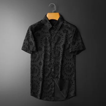 Siyah Lüks Taç Akın Kısa Kollu Gömlek Erkekler Yaz gömlekler Iş Resmi Elbise Camisa Sosyal Masculina Çiçek Gömlek