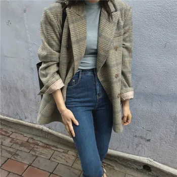 Sonbahar Ve Kış kadın Kore Chic Retro Kontrast Renk Ekose Kruvaze Gevşek Yün Takım Elbise Ceket