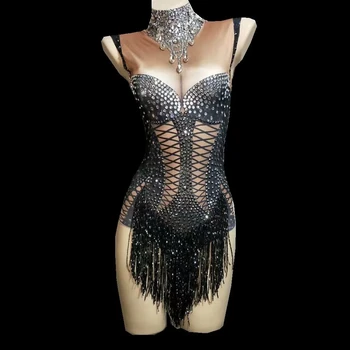 Sparkly Kristal Siyah Kulübü Bodysuit Kadın gogo Rhinestones DJ Caz dans kostümü Sahne Performansı Gece Kulübü Gösterisi Kıyafet