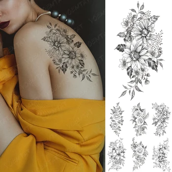 Su geçirmez Geçici Dövme Etiket Hattı Gül Şakayık Çiçek Ayçiçeği Kına Flaş Dövme Kadın Erkek Arka Kol Vücut Sanatı Sahte Dövmeler