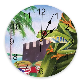 Suluboya Tropikal Bitki Porto Riko Bayrağı Kurbağa duvar saati Modern Tasarım Asılı İzle Ev Dekorasyon Oturma Odası Duvar Sanatı