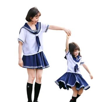 Tatlı Japon Jk okul üniforması Yumuşak Sevimli Kadın Kız Ebeveyn - çocuk kıyafetleri Kawaii Yay Kare Boyun Mini Elbise Cosplay Kostüm
