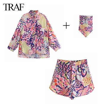 TRAF Kadın Takım Elbise Vintage Baskı Gömlek Uzun Kollu Yama Cep Düğmesi Rahat Üst Bluz Ve plaj şortu Şık Pantolon Takım Elbise