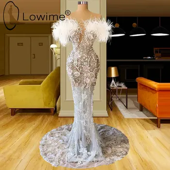 Tüyler Straplez Uzun Seksi Illusion Düğün Akşam Parti Elbiseler Lüks İnciler Kristaller Çiçekler Mermaid Kadınlar Balo Abiye