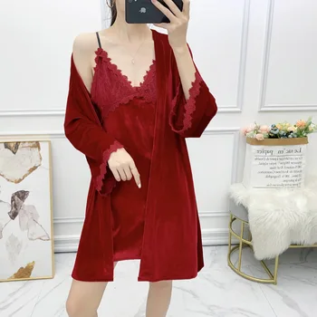 Uzun Kollu Kadife 2 ADET Kimono Bornoz Seti Sonbahar Yeni Gecelik Ev Giyim Rahat Kadife Kadın Samimi İç Çamaşırı Bornoz