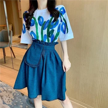 Vintage Çiçekli Mavi 2 Parça Kadın Etekler Yaz 2022 Tatlı Tarzı A-Line Diz Boyu Zarif Ofis kadın giysisi En Kaliteli