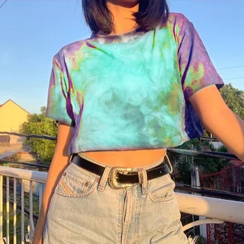 Yaz kadın Tişörtleri Casual Kravat Boyama Kısa Kollu sıfır yaka bluzlar Tüm Maç Neon Baskı Alt Kısa Tee Elbise Yüksek Streetwear