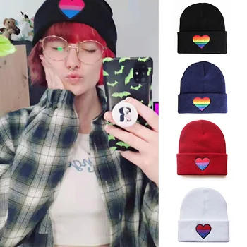 Yeni Gökkuşağı Aşk Işlemeli bere Renkli Erkek Kadın Örme Kaput Şapka Sokak Giyim Moda Hip Hop Skullies Beanies Kap