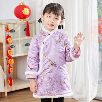 Yeni Çocuk Kız Cheongsam Çin Tarzı Uzun Kollu Yeni Yıl Çiçek Nakış Elbise Kalın Kış Kız Sıcak Elbise 2-12Y