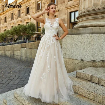 Zarif düğün elbisesi Büyüleyici O-Boyun Illusion A-Line gelin kıyafeti Zarif Kolsuz Gelin Elbise Yeni Aplike Vestidos De Novia