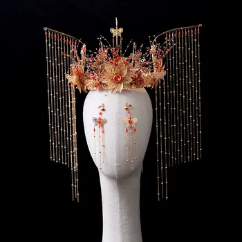 Çin tiara Düğün Kafa Gelin Vintage Atmosfer Püsküller Phoenix Gelin Düğün saç takı