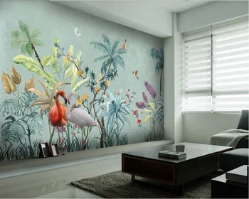 Özel duvar kağıdı el-boyalı tropikal yağmur ormanı çiçekler ve kuşlar arka plan duvar tablosu-su geçirmez malzeme