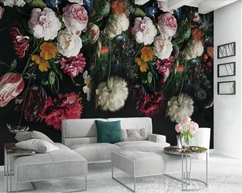 Özel high-end duvar kağıdı-Avrupa retro nostaljik el-boyalı çiçek TV arka plan duvar