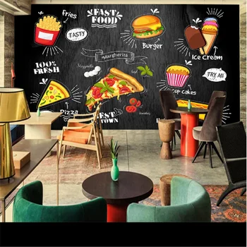 Özel Pizza Burger Restoran siyah Arka Plan duvar resmi Duvar kağıdı 3D Snack Bar Hamburger Batı Fast Food duvar kağıdı 3D