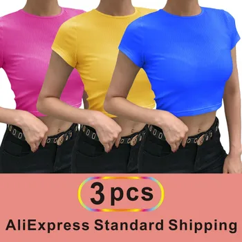 Üç parçalı Tank Top y2k giysileri Kısa Kollu O Boyun Örgü Yeni Kırpma Üst Temel Seksi Streetwear Yaz Casual Kadın Kauçuk T Shirt